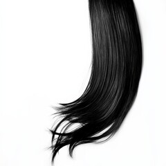 Shiny Black Hair Strand: A Monochromatic Study of Texture and Contrast on a Pure White Backdrop