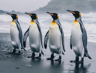 Fototapeta premium Four Majestic Penguins Walking Together on a Foggy Beach with Ocean Waves and Rocky Background, Captivating Wildlife Scene