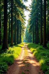 Fototapeta premium Sunlit Path Through a Majestic Forest of Tall Trees with Lush Green Undergrowth