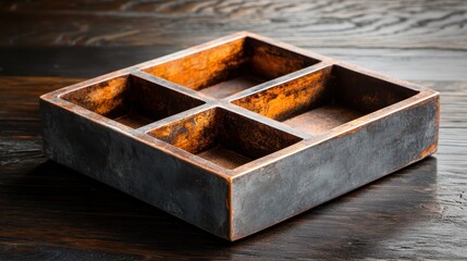 This stylish image highlights a four-compartment rustic serving tray, perfect for both presentation and practicality, enhancing the dining experience with its unique design.