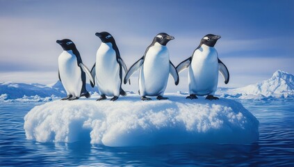 Obraz premium Four Penguins Standing Together on a Snowy Iceberg in a Calm Blue Ocean Under a Clear Sky, Antarctica Wildlife Scene with Glacial Background