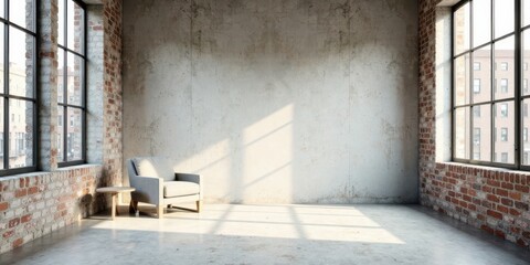 Sunlit Industrial Loft Interior with Comfortable Armchair and Side Table