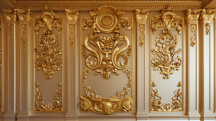 Golden baroque ornament decorating a classic interior wall