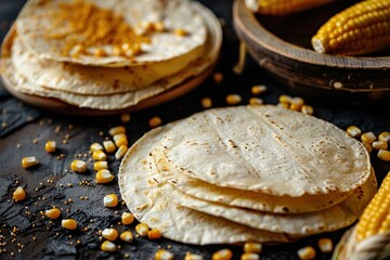 Corn cobs and tortillas beautifully arranged on a dark background
