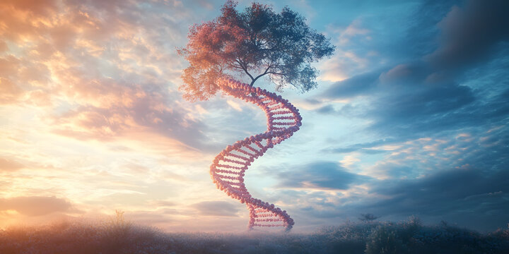 Innovative epigenetic inheritance pathways weaving molecular history into future generations showing swirling DNA tree of life against an ethereal sky