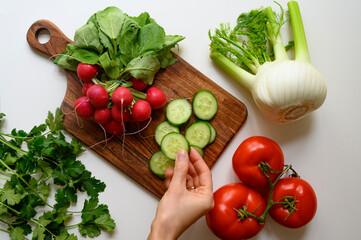 Hands preparing healthy food or salad. Fresh vegetables and herbs on the table. 