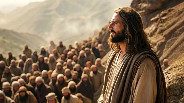 Jesus Christ preaching to the crowd by parables on a hilltop 4K