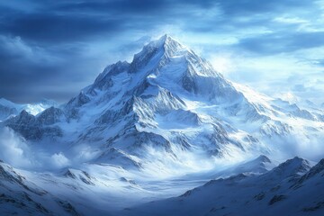 A majestic snow covered mountain range under a cloudy sky