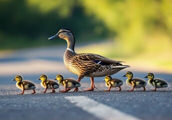 Mother duck leading her ducklings across a road in bright sunlight with lush greenery in the background creating a serene and peaceful nature scene