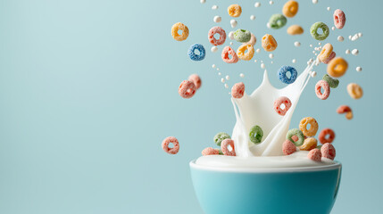 Colorful cereal rings splashing into milk bowl on light blue background