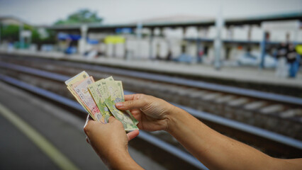 Man holding romanian leu banknotes at a train station, highlighting travel and finance themes in an outdoor setting. © Krakenimages.com