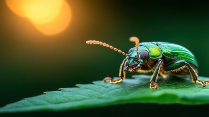 Fototapeta premium A vibrant green beetle perches delicately on a leaf, showcasing intricate details and brilliant colors, highlighting nature's exquisite beauty and diversity.