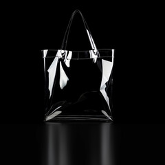 Transparent tote bag with white handles on a black background.