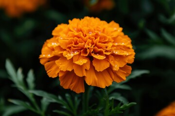Orange Marigold with water droplets in garden. Bright blossom for flower shops