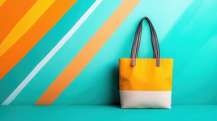 A fashionable tote bag set against a vibrant backdrop of teal and orange stripes, embodying contemporary style while showcasing versatility for everyday use or outings.