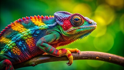 Obraz premium Vibrant Chameleon on Branch: Close-Up Macro Photography