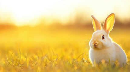 Fototapeta premium Playful white bunny sitting in sunlit meadow, enjoying warm day