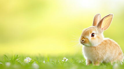 Fototapeta premium Playful bunny sitting in lush green meadow with soft flowers