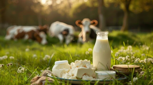 "Dairy products showcased in natural meadow setting with cows"