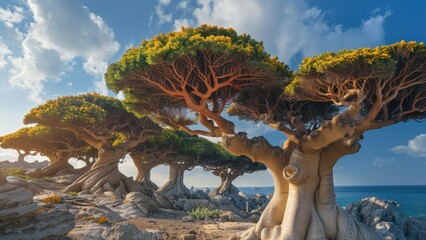 Fototapeta premium Majestic Scene of Unique Trees Against a Coastal Landscape Under a Vibrant Sky