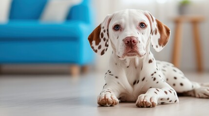 This image features an adorable Dalmatian puppy resting on a wooden floor, showcasing its distinct black spots, expressive blue eyes, and playful yet serene demeanor, captivating viewers.