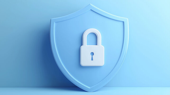 Blue shield protecting white padlock symbolizing security and privacy - Powered by Adobe