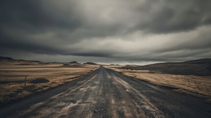 Fototapeta premium Deserted road through dry land under a gloomy sky