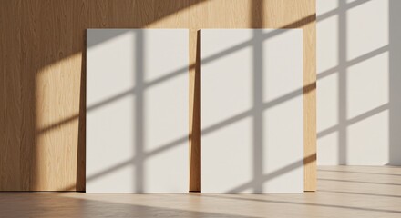 Two blank canvases leaning against a wooden wall, illuminated by soft sunlight casting geometric shadows from a window, creating a warm, minimalistic, and artistic ambiance.