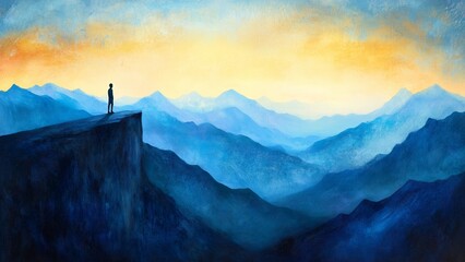 Obraz premium A lone figure standing on a cliffside at dawn, looking over endless mountains, a moody and introspective scene, deep blues and warm sunset hues, dramatic composition
