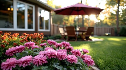 An inviting backyard scene featuring pink blooming flowers in the foreground and a comfortable dining set under a bright umbrella, ideal for outdoor meals.