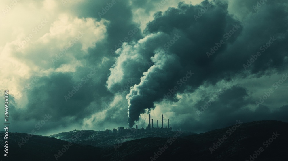 Poster dark clouds and smoke rise from industrial structures near mountains under an overcast sky during la