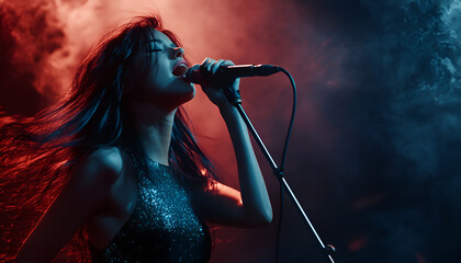 A young woman rock singer with tousled long hair holding a microphone with stand and sing with a wide open mouth