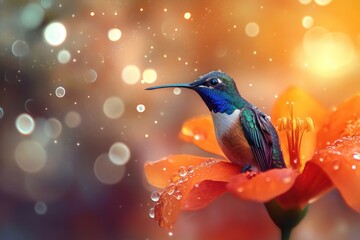 Obraz premium Vibrant hummingbird perched on a dew-kissed orange flower. (1)