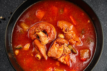 Tomato meat soup vegetable goulash fresh tasty food dish delicious gourmet food background on the...