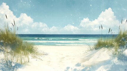 A serene beach scene showcasing the ocean under a cloudy sky
