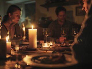 Cozy family dinner illuminated by warm candlelight and natural lighting