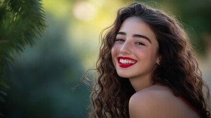 Smiling brunette with curly hair and red lips, radiating warmth and confidence.
