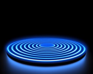 Illuminated blue concentric circles on a dark black background surface