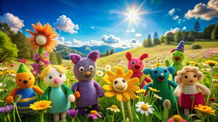 Fototapeta premium Vibrant Felt Puppets in a Sunny Meadow Landscape - Stock Photo