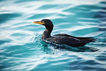 Fototapeta premium Oil spill impacts ocean life as seabird struggles in rainbow sheen near shore. Generative AI