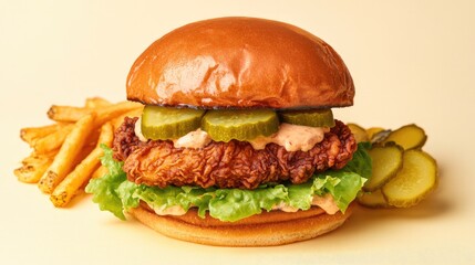 Crispy fried chicken sandwich topped with pickles, lettuce, and