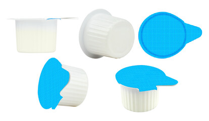 set of portion packs with cream. Yogurt containers, pudding cups, lids. Dairy desserts, yoghurts in...
