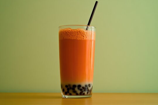 Vibrant drink with layers of colorful ingredients and chewy tapi