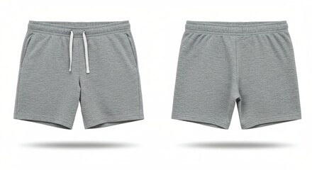 A pair of grey athletic shorts displayed from front and back views. Features an elastic waistband, drawstring, and side pockets. Comfortable, casual, and perfect for workouts or lounging.