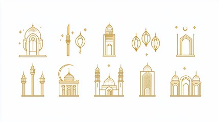 Golden Mosque Icons, Ramadan,  Islamic, White Background, Festive Design