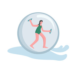 A woman engaged in zorbing. The concept of a zorbonaut in extreme amusement, descent from the mountain in an inflatable ball zorb, fashionable, active sports fun.