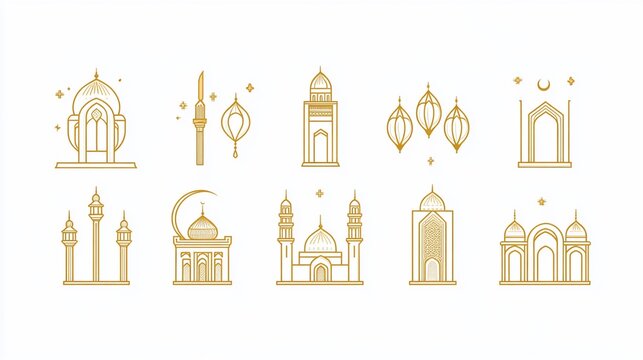 Golden Mosque Icons, Ramadan,  Islamic, White Background, Festive Design