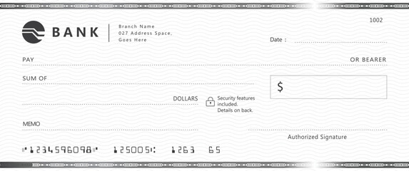Blank bank check, checkbook cheque template with blue guilloche, vector mockup. Money payment bank check voucher or pay cash cheque certificate, account bill paycheck	