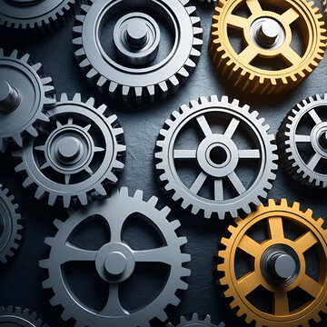 A series of interconnected gears, each one turning to power the next, the concept of workstreams driving productivity and process efficiency