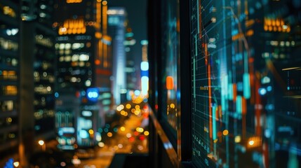 Fototapeta premium Dynamic Financial Charts Illuminated by Night City Lights
